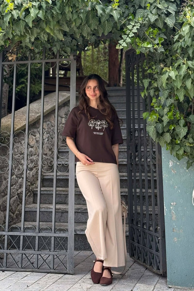ONE COLOR FRONT DESIGN WOMAN T-SHIRT BROWN/KAFE - 4