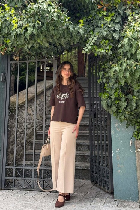 ONE COLOR FRONT DESIGN WOMAN T-SHIRT BROWN/KAFE - 5
