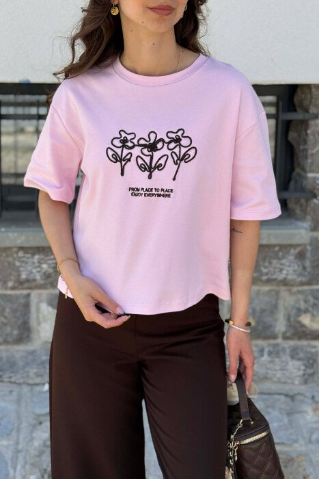 ONE COLOR FRONT DESIGN WOMAN T-SHIRT PINK/ROZE - 5