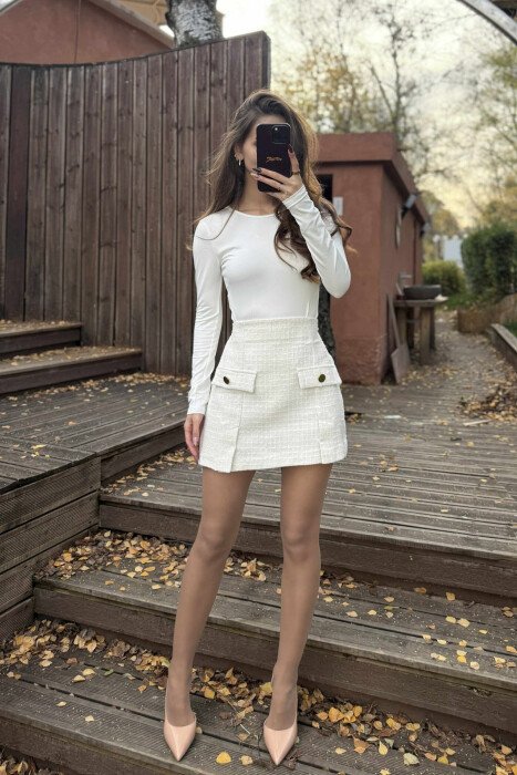 ONE COLOR FRONT FAKE POCKETS WOMEN SKIRT CREAM/KREM - 2