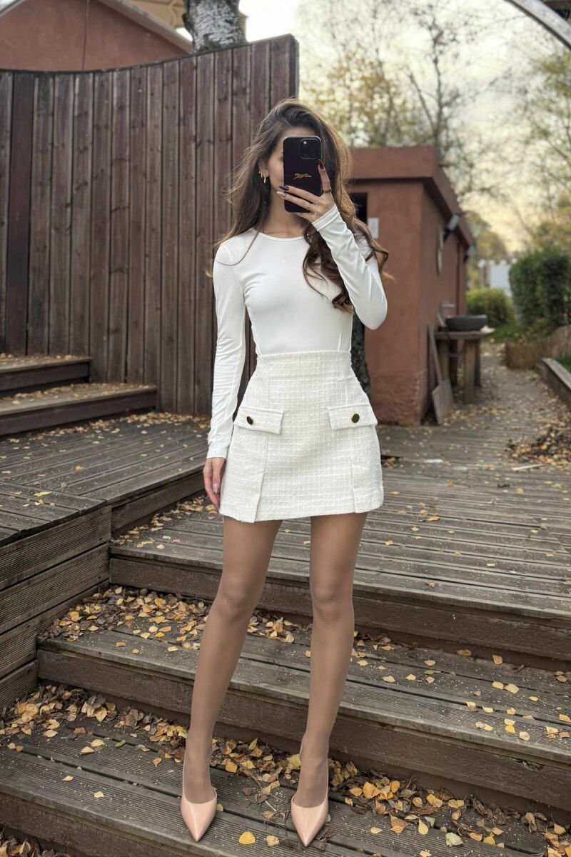 ONE COLOR FRONT FAKE POCKETS WOMEN SKIRT CREAM/KREM - 2