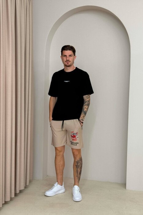 ONE COLOR FRONT IMAGE MEN SHORT SWEATPANTS BEIGE/BEZHE - KLAUDIO FASHION