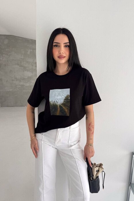 ONE COLOR FRONT IMAGE WOMAN T-SHIRT BLACK/ E ZEZE - KLAUDIO FASHION