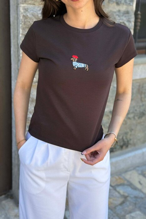 ONE COLOR FRONT IMAGE WOMAN T-SHIRT DARK BROWN/KAE - 3