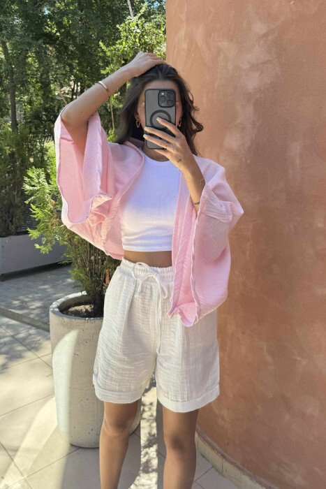 ONE COLOR FRONT LACING WOMEN SHIRT PINK/ROZE - 1