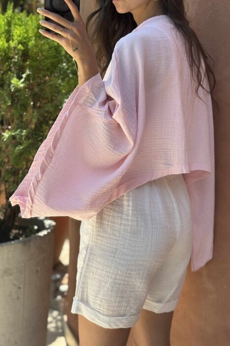 ONE COLOR FRONT LACING WOMEN SHIRT PINK/ROZE - 3