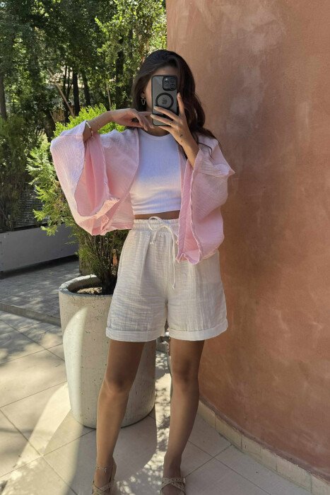ONE COLOR FRONT LACING WOMEN SHIRT PINK/ROZE - 4