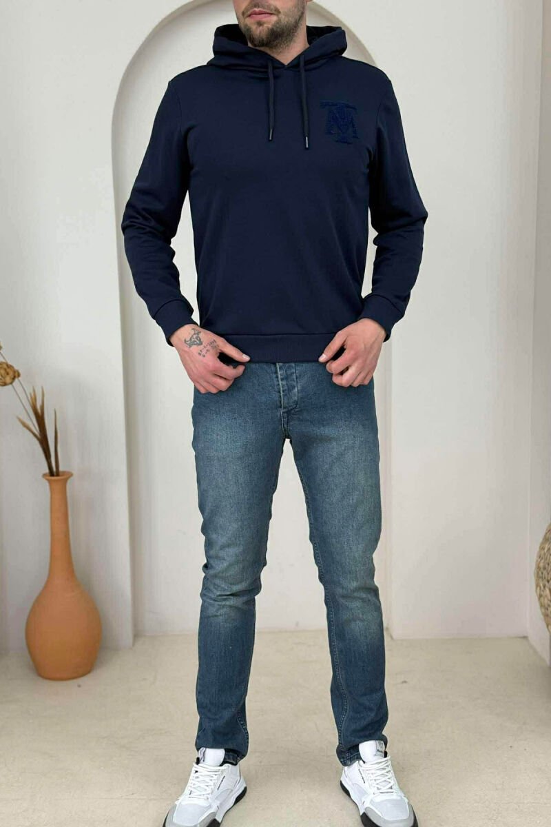 ONE COLOR FRONT LOGO SIMPLE MEN HOODIE DARK BLUE/BEE - 1