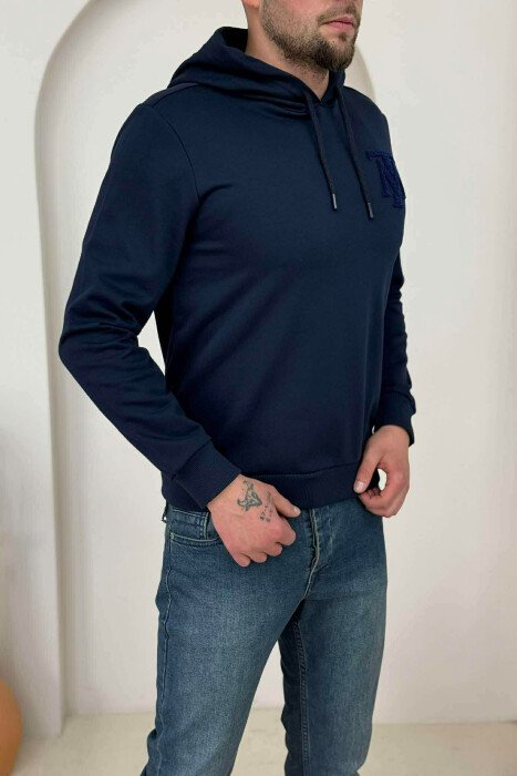 ONE COLOR FRONT LOGO SIMPLE MEN HOODIE DARK BLUE/BEE - 2