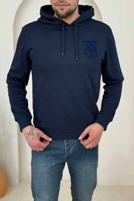 ONE COLOR FRONT LOGO SIMPLE MEN HOODIE DARK BLUE/BEE - 3