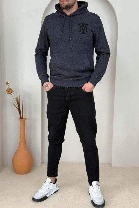 HOODIE NJËNGJYRËSHE ME LOGO TË THJESHTË PARA PËR MESHKUJ NË NGJYRËN GRI TË ERRËT 