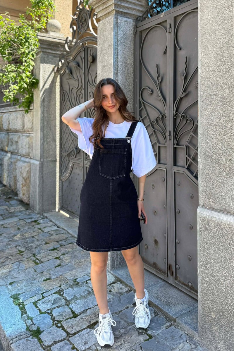 ONE COLOR FRONT POCKET DENIM WOMAN DRESS DARK BLUE/BEE - 1