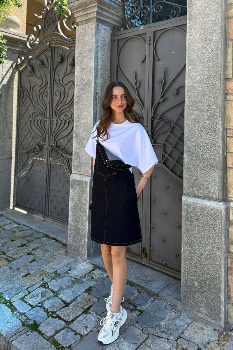 ONE COLOR FRONT POCKET DENIM WOMAN DRESS DARK BLUE/BEE - 3