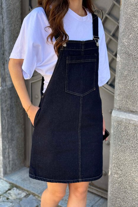 ONE COLOR FRONT POCKET DENIM WOMAN DRESS DARK BLUE/BEE - 4