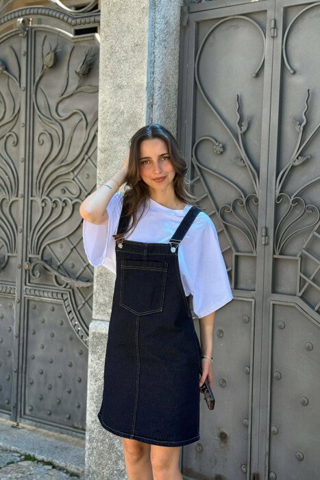 ONE COLOR FRONT POCKET DENIM WOMAN DRESS DARK BLUE/BEE - 5