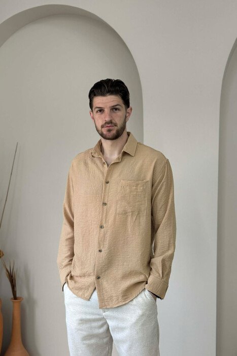 ONE COLOR FRONT POCKET MEN SHIRT BEIGE/BEZHE - 1