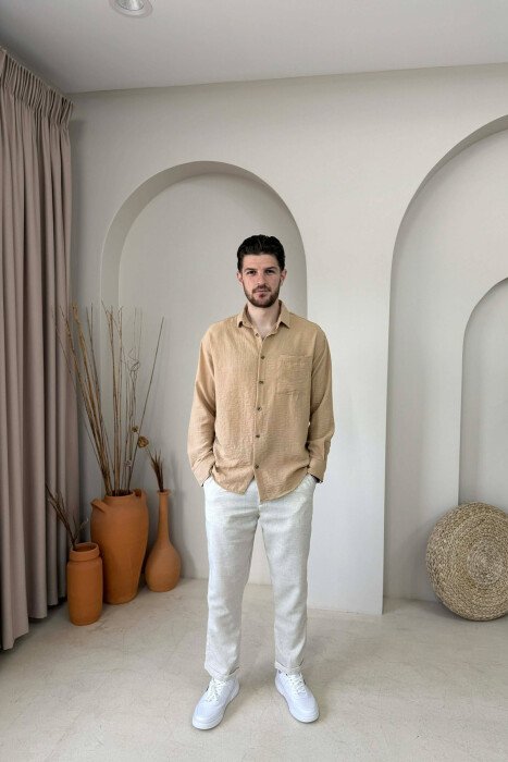ONE COLOR FRONT POCKET MEN SHIRT BEIGE/BEZHE - 2