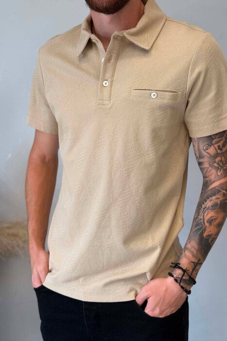 ONE COLOR FRONT POCKET MEN T-SHIRT BEIGE/BEZHE - 4