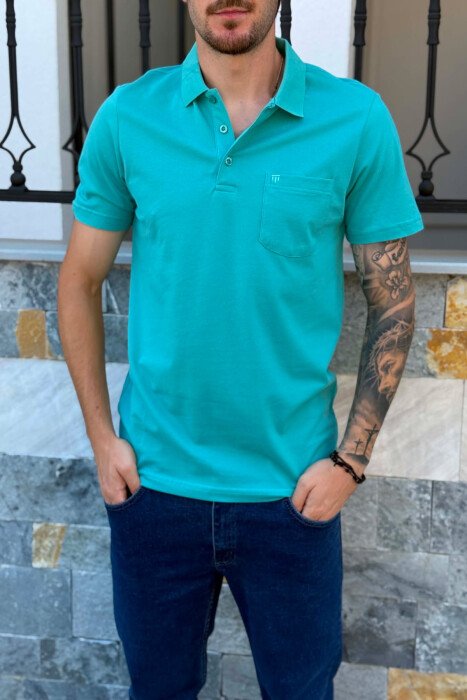 ONE COLOR FRONT POCKET MEN T-SHIRT BLUE STONE/GK - 2