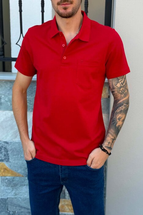 ONE COLOR FRONT POCKET MEN T-SHIRT CHERRY/ QERSHI - 2
