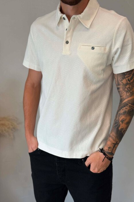 ONE COLOR FRONT POCKET MEN T-SHIRT WHITE-E BARDHE - 4