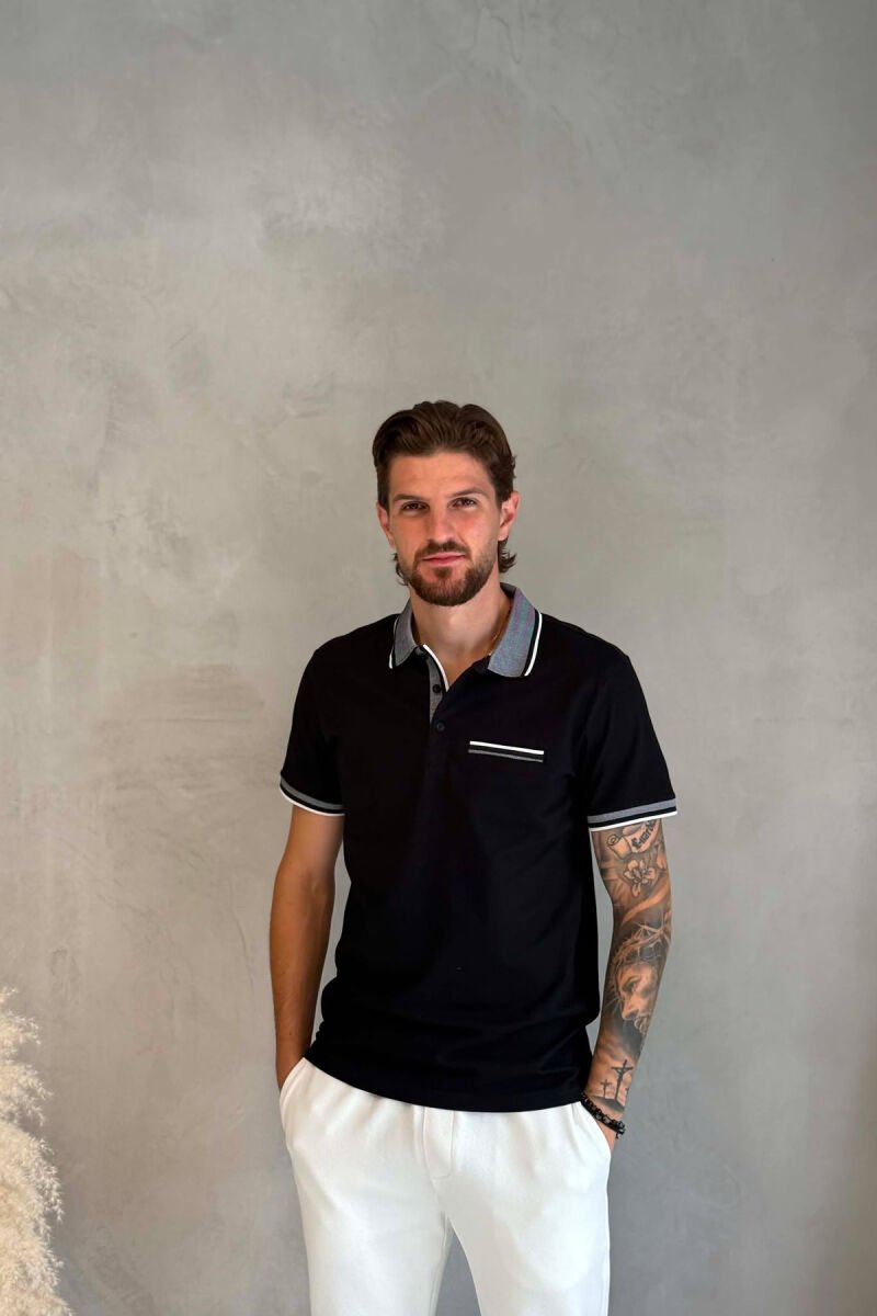 ONE COLOR FRONT POCKET POLO NECK MEN T-SHIRT BLACK/ E ZEZE - 1