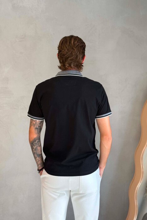 ONE COLOR FRONT POCKET POLO NECK MEN T-SHIRT BLACK/ E ZEZE - 2