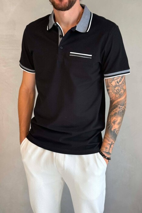 ONE COLOR FRONT POCKET POLO NECK MEN T-SHIRT BLACK/ E ZEZE - 4