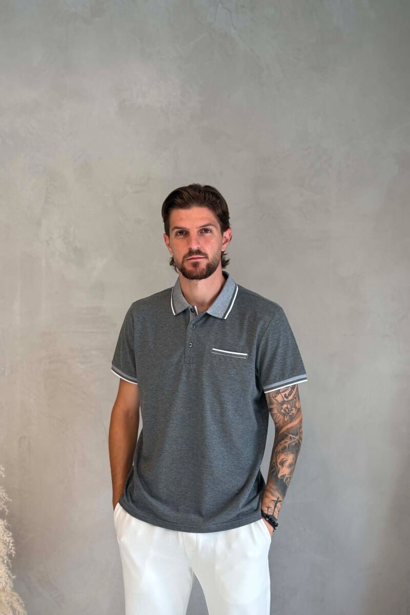 ONE COLOR FRONT POCKET POLO NECK MEN T-SHIRT GREY/GRI - 1