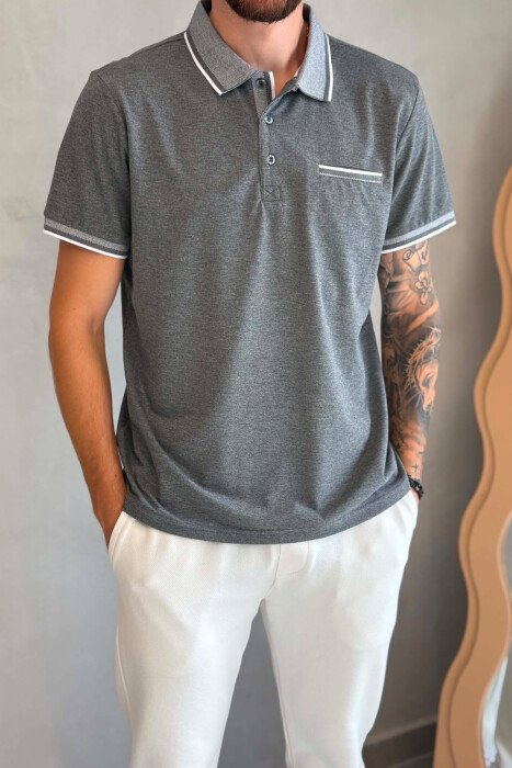 ONE COLOR FRONT POCKET POLO NECK MEN T-SHIRT GREY/GRI - 4