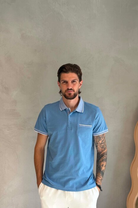 ONE COLOR FRONT POCKET POLO NECK MEN T-SHIRT LIGHTBLUE/BZ 