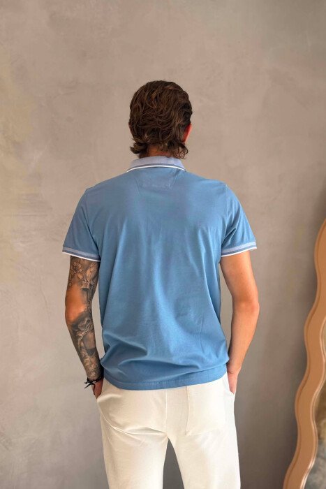 ONE COLOR FRONT POCKET POLO NECK MEN T-SHIRT LIGHTBLUE/BZ - 2