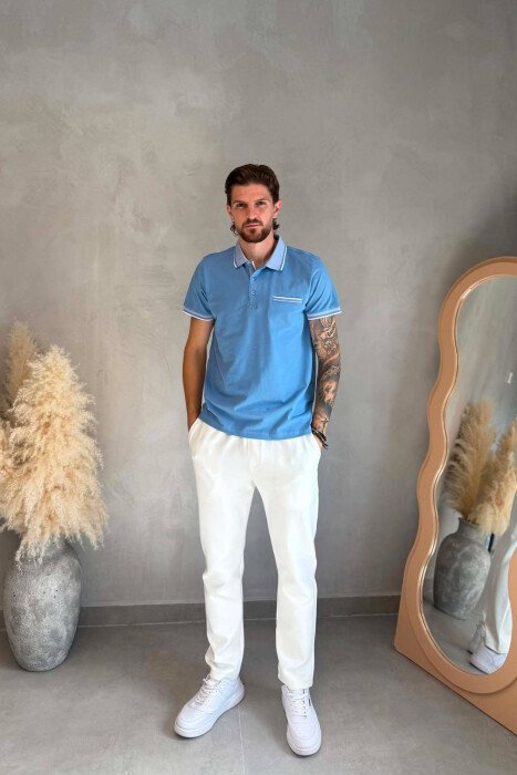 ONE COLOR FRONT POCKET POLO NECK MEN T-SHIRT LIGHTBLUE/BZ - 3