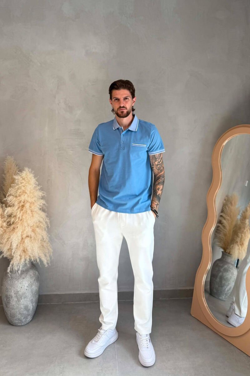 ONE COLOR FRONT POCKET POLO NECK MEN T-SHIRT LIGHTBLUE/BZ - 3
