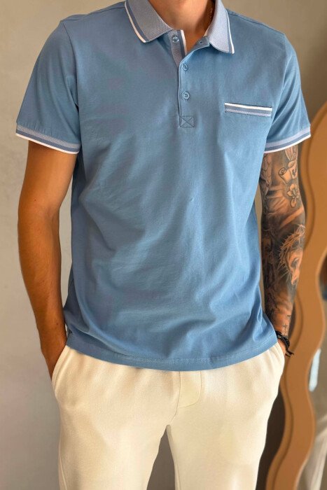 ONE COLOR FRONT POCKET POLO NECK MEN T-SHIRT LIGHTBLUE/BZ - 4