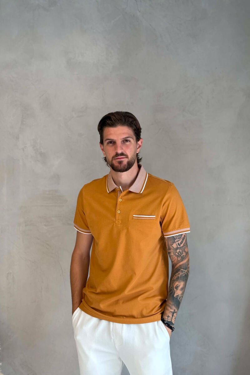 ONE COLOR FRONT POCKET POLO NECK MEN T-SHIRT MUSTARD/MUSTARDE - 1
