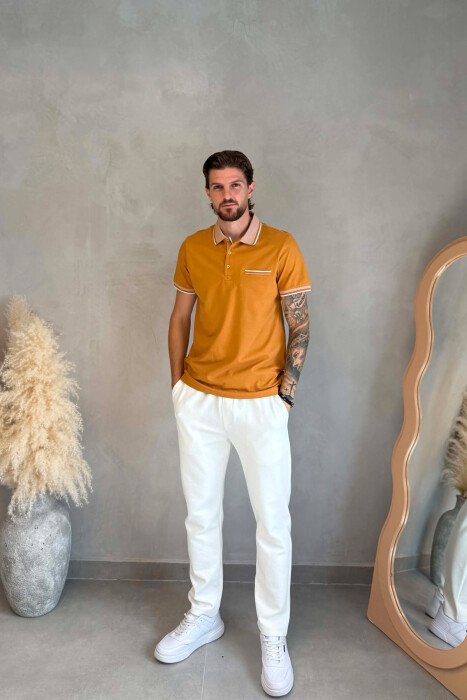 ONE COLOR FRONT POCKET POLO NECK MEN T-SHIRT MUSTARD/MUSTARDE - 3