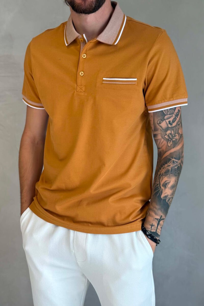 ONE COLOR FRONT POCKET POLO NECK MEN T-SHIRT MUSTARD/MUSTARDE - 4