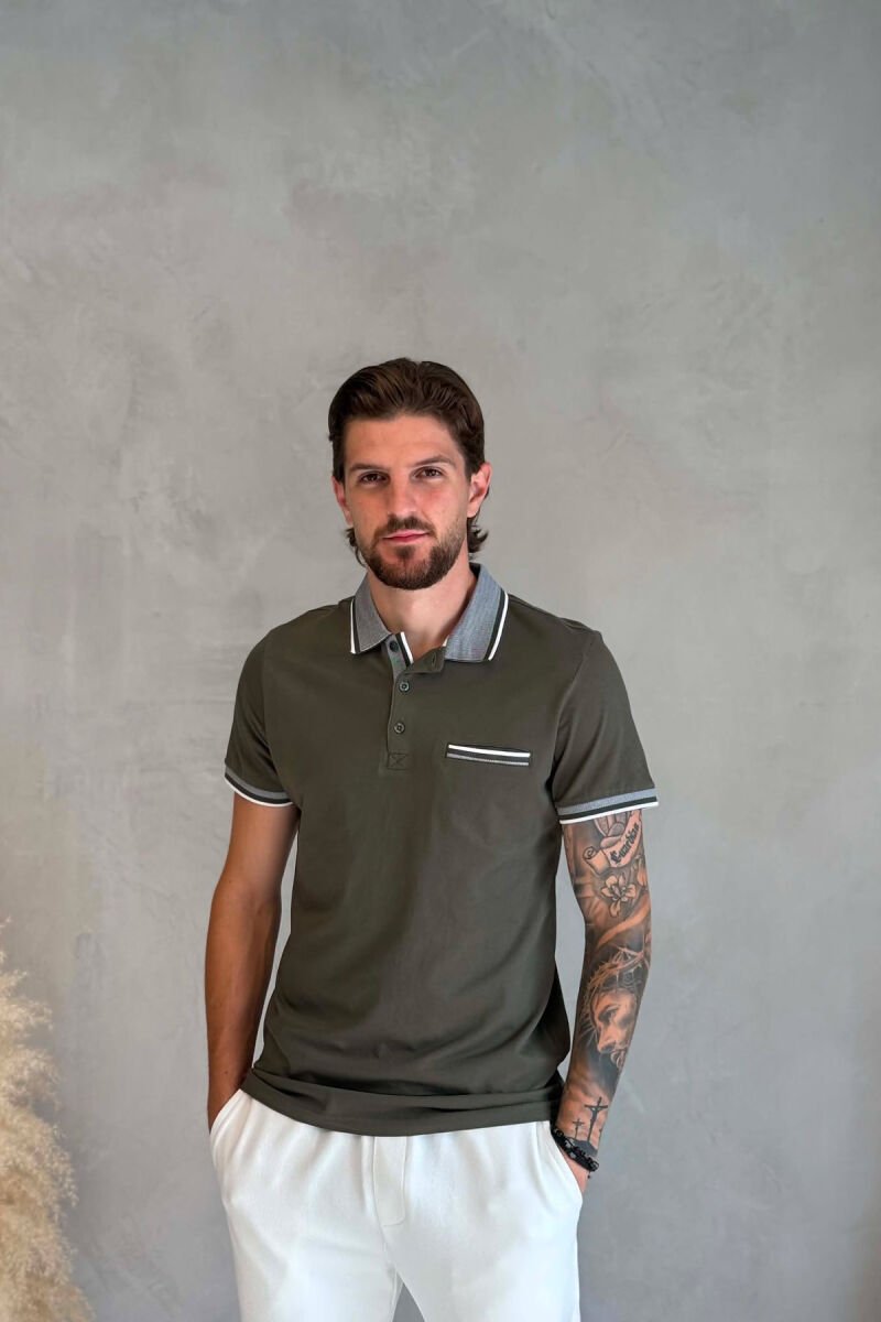 ONE COLOR FRONT POCKET POLO NECK MEN T-SHIRT OLIVE/ULLI - 1