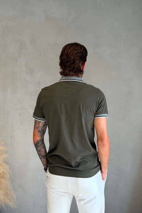ONE COLOR FRONT POCKET POLO NECK MEN T-SHIRT OLIVE/ULLI - 2