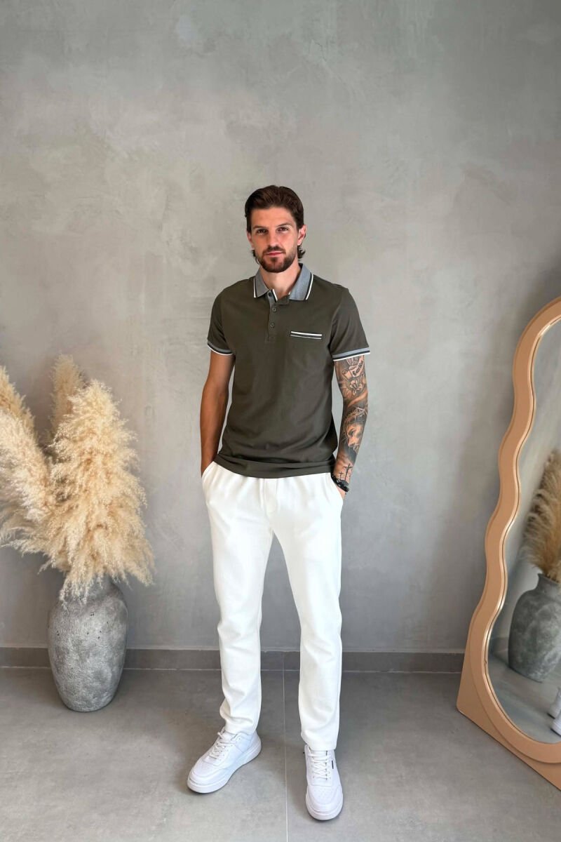 ONE COLOR FRONT POCKET POLO NECK MEN T-SHIRT OLIVE/ULLI - 3