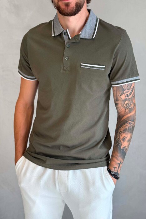 ONE COLOR FRONT POCKET POLO NECK MEN T-SHIRT OLIVE/ULLI - 4