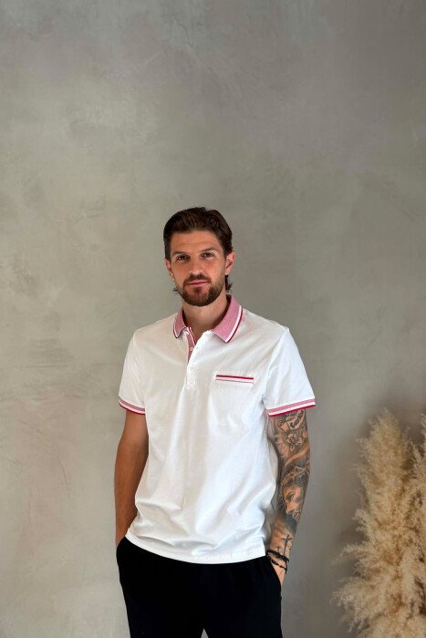 ONE COLOR FRONT POCKET POLO NECK MEN T-SHIRT WHITE-E BARDHE 