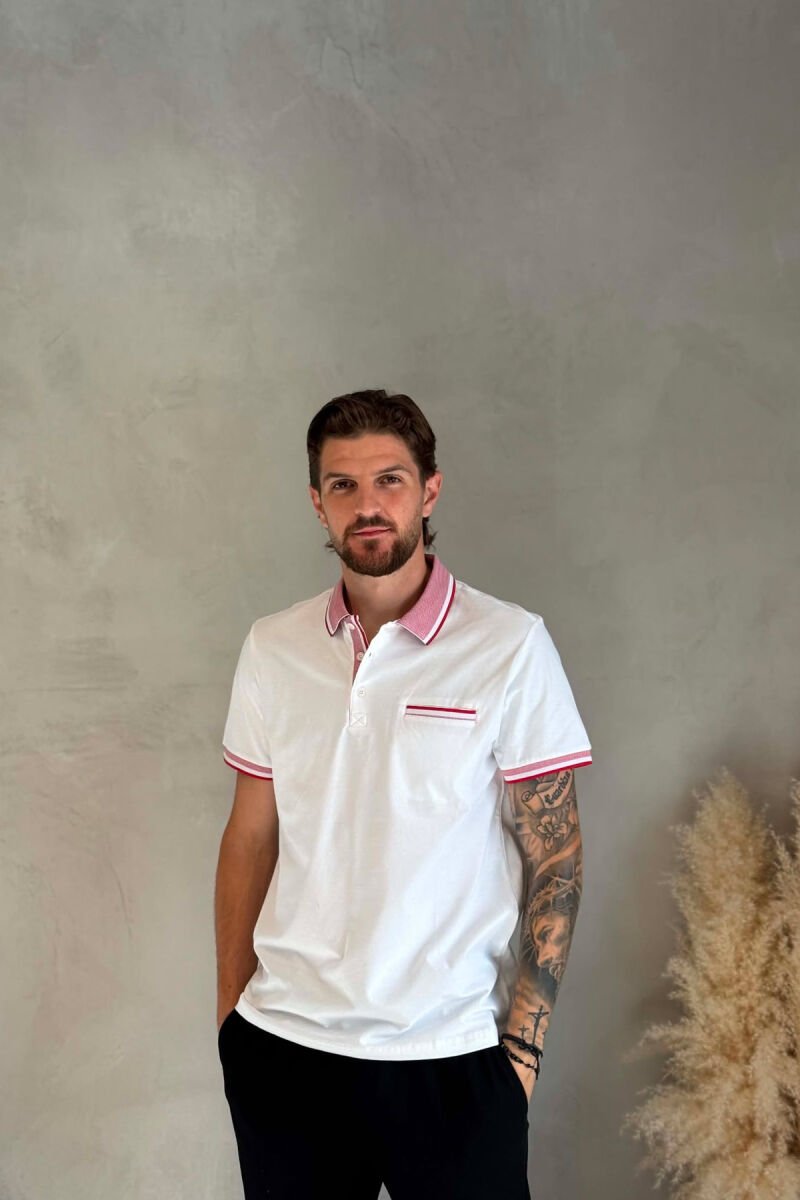 ONE COLOR FRONT POCKET POLO NECK MEN T-SHIRT WHITE-E BARDHE - 1
