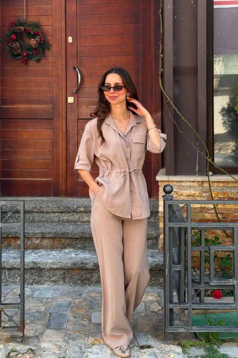 ONE COLOR FRONT POCKET SHIRT + TROUSERS WOMAN SET BEIGE/BEZHE - 2