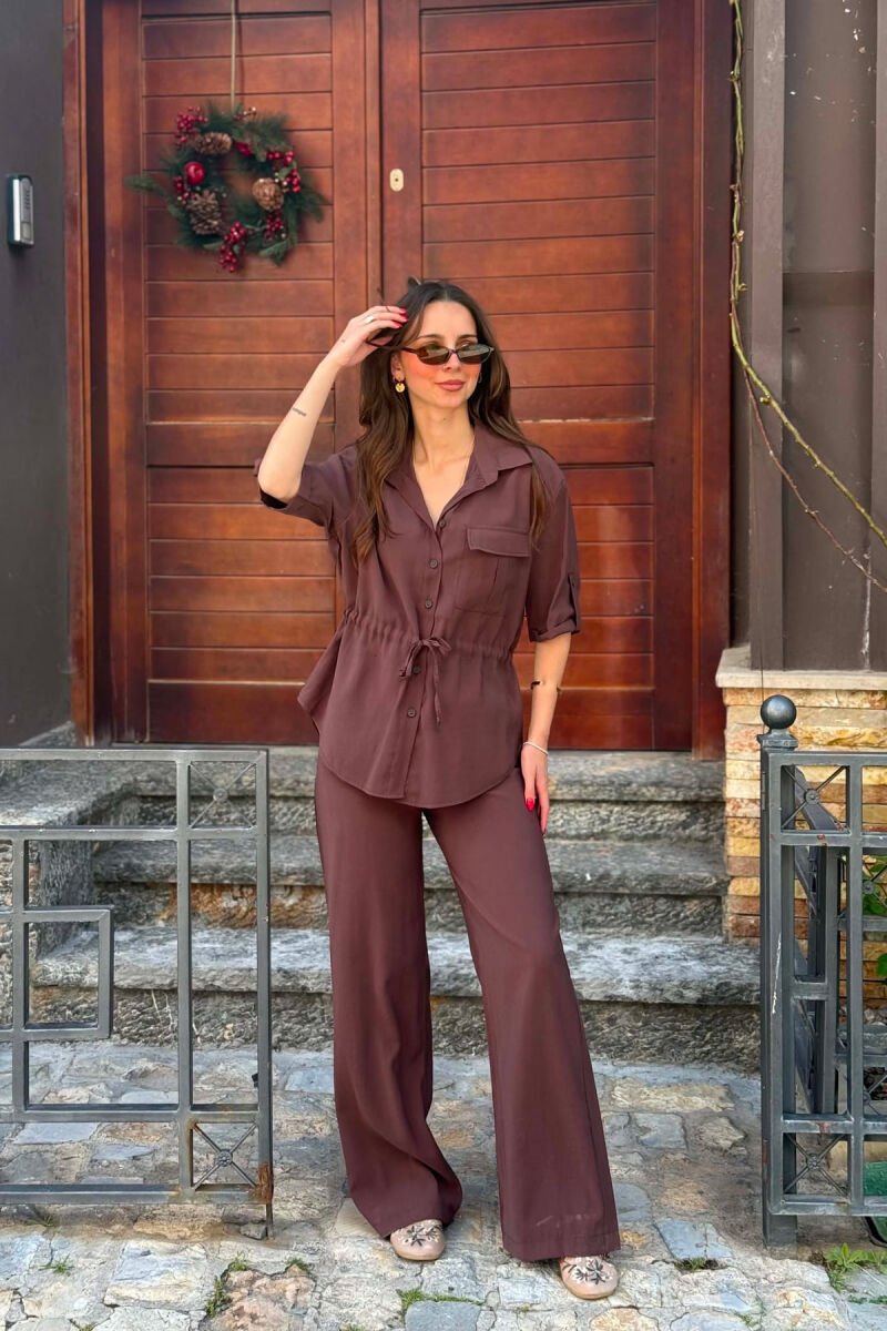 ONE COLOR FRONT POCKET SHIRT + TROUSERS WOMAN SET BROWN/KAFE - 1