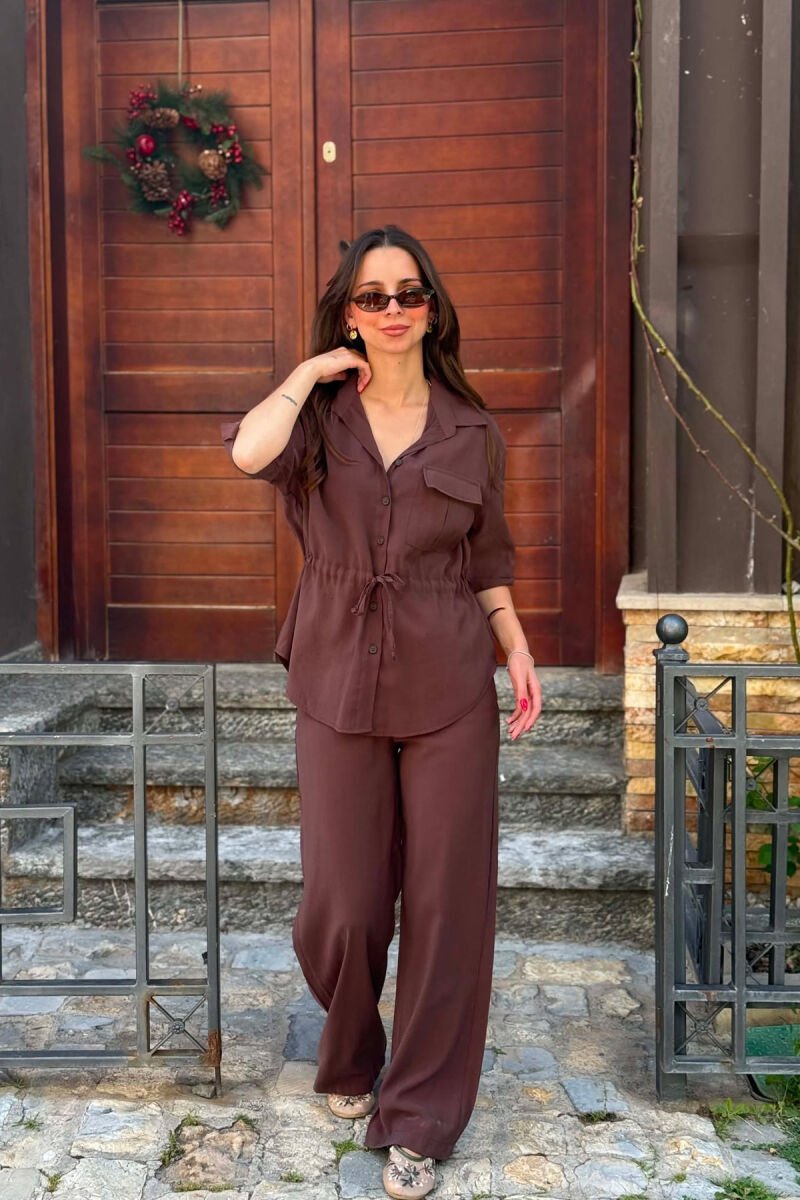 ONE COLOR FRONT POCKET SHIRT + TROUSERS WOMAN SET BROWN/KAFE - 2