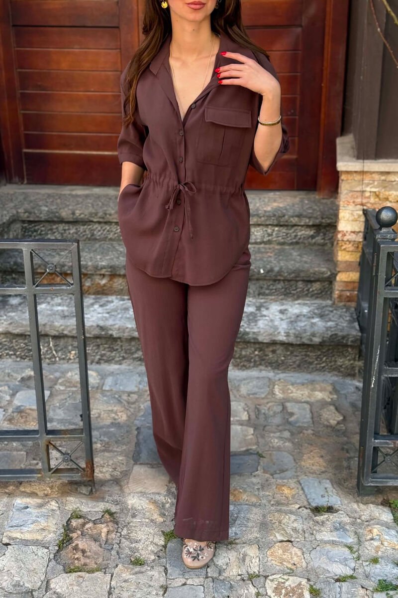 ONE COLOR FRONT POCKET SHIRT + TROUSERS WOMAN SET BROWN/KAFE - 3