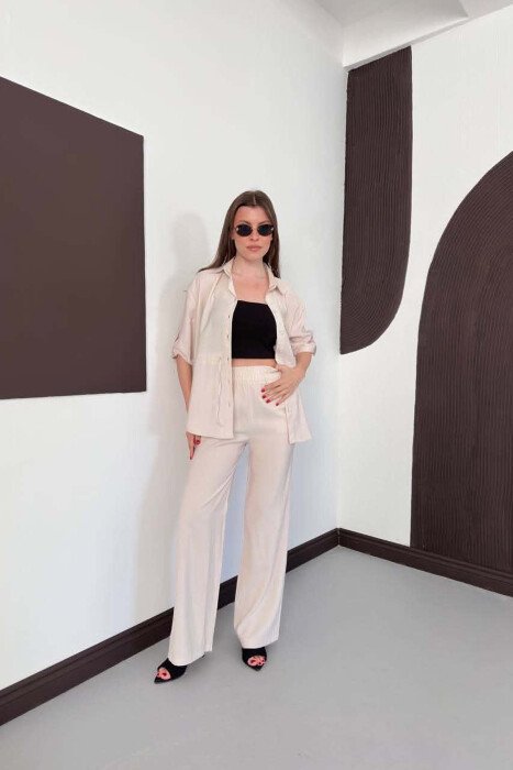 ONE COLOR FRONT POCKET SHIRT + TROUSERS WOMAN SET CREAM/KREM - 1