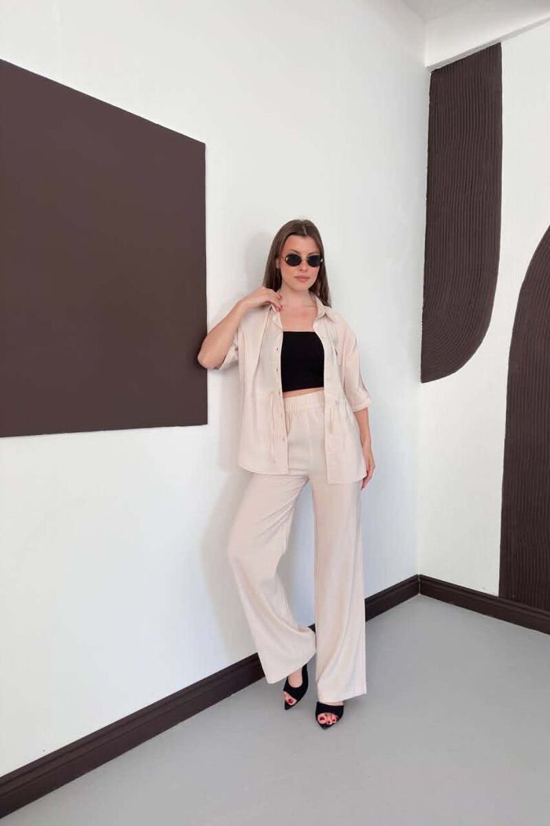 ONE COLOR FRONT POCKET SHIRT + TROUSERS WOMAN SET CREAM/KREM - 3